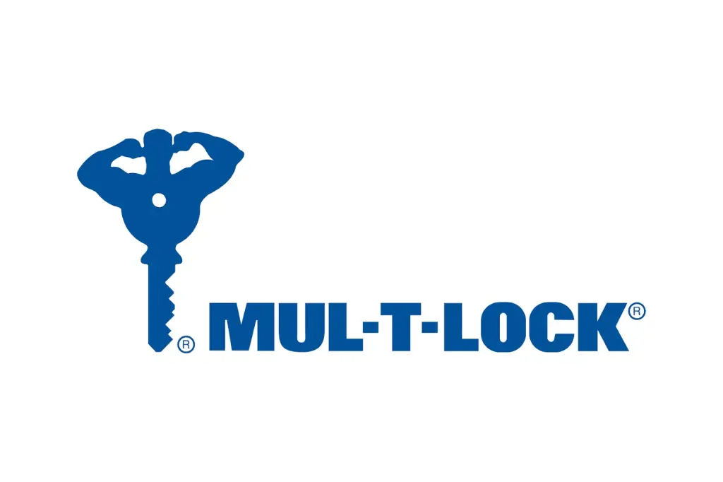MUL-T-LOCK logo featuring a key with a muscular figure incorporated into the design.