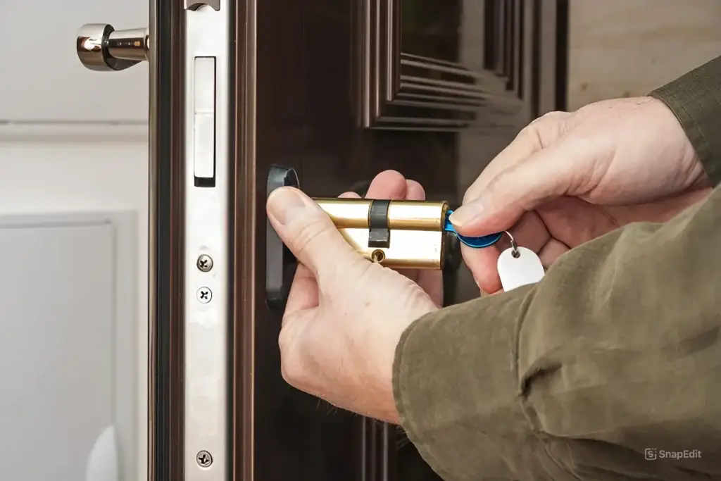 Locksmith inserting a key into a newly installed cylinder lock.