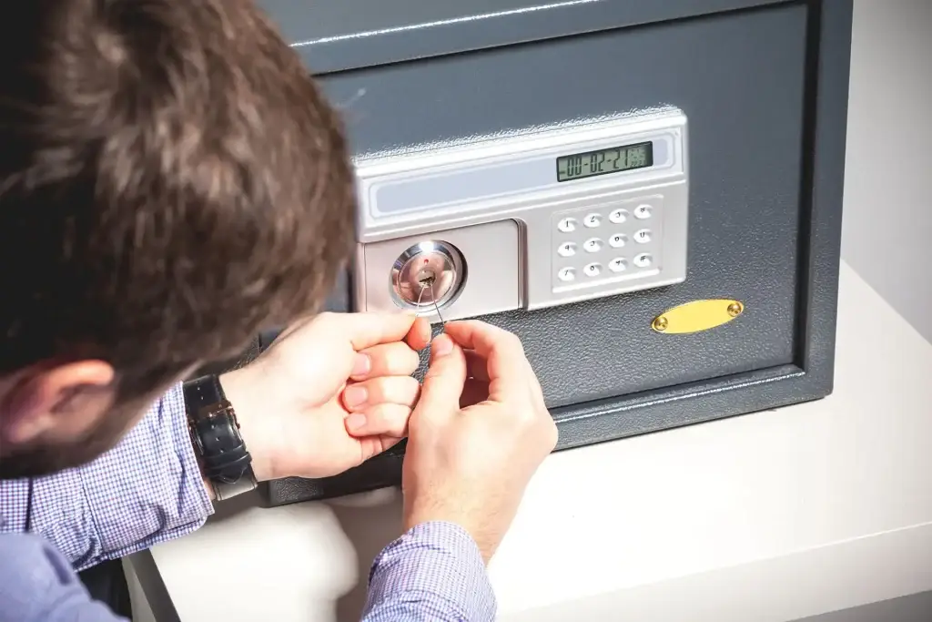 A professional locksmith changes the combination on a digital safe using specialized tools to ensure security and update the lock code for the client.